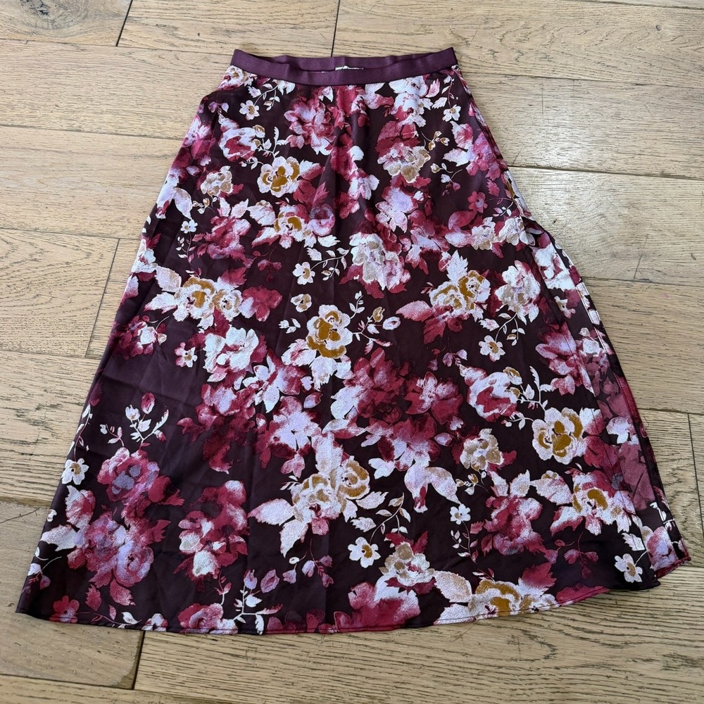 Intimately Free People Burgundy Sweet Talker Floral Satin Midi Skirt Small (676)